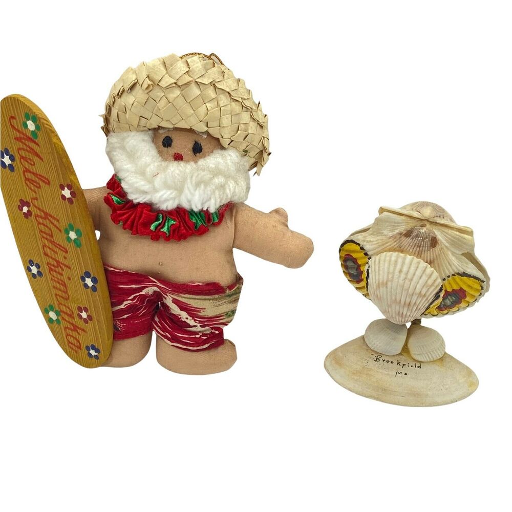 Surf Santa, Shell Owl Vintage Mele KaliKimaka Decorative Ornament Set Kitsch